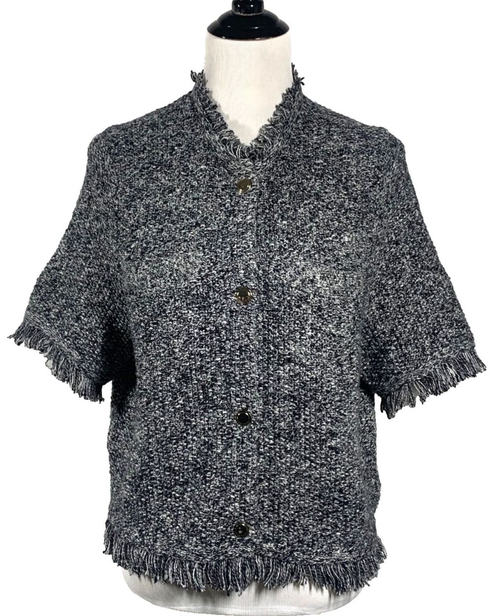 J.Crew Tweedy Knit Short Sleeve Lady Cardigan Sweater Black White XL Fringe
